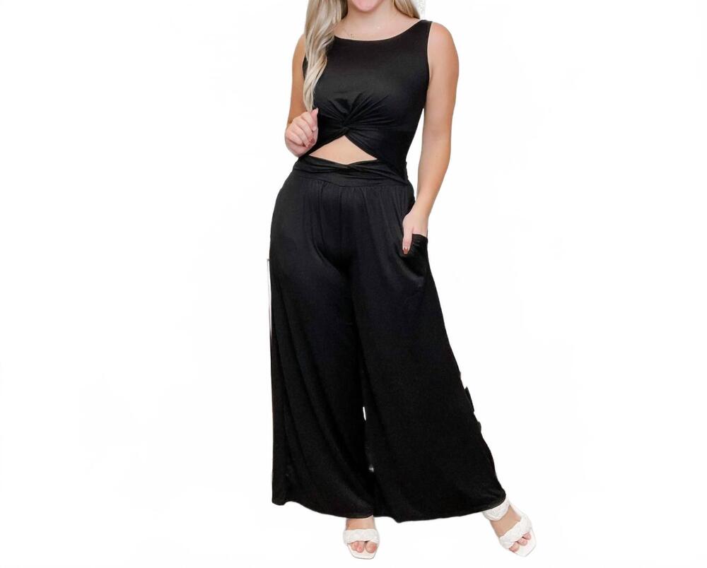 NEW ELDRIDGE great timing sleeveless cutout wide leg jumpsuit in black